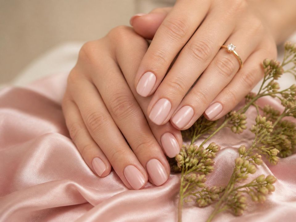 Mãos com esmaltação delicada em tons de rosa